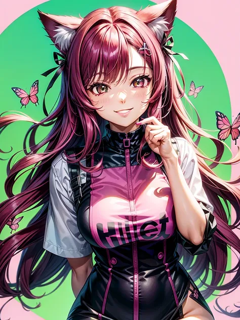 Magenta hair, brown eyes, older woman, long thick hair, pretty hair ornaments, smile face, happy, cat ears, sexy uniform outfit, butterflies, pink and green background 