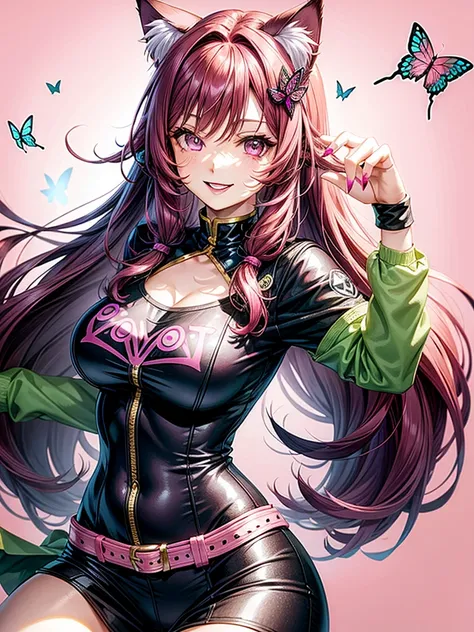 Magenta hair, brown eyes, older woman, long thick hair, pretty hair ornaments, smile face, happy, cat ears, sexy uniform outfit, butterflies, pink and green background 