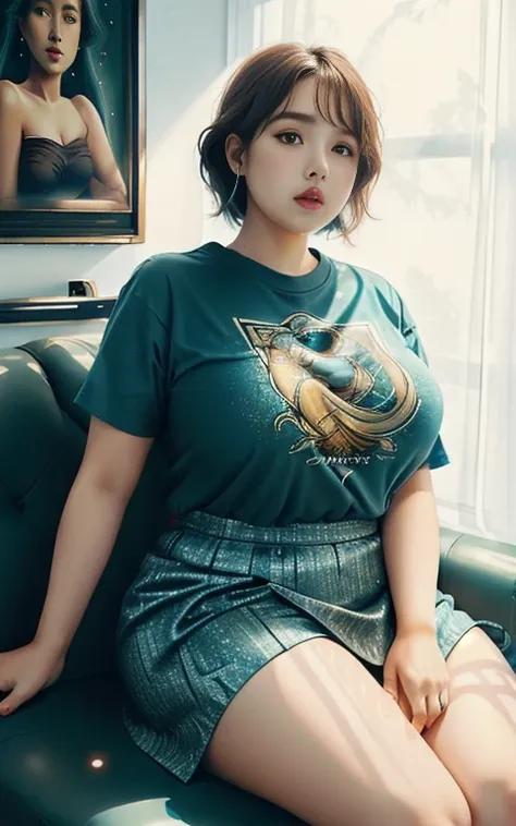 obese voluptuous handicapped women wearing t-shirt getting a medical examination on a sofa, detailed body parts illustration pai...