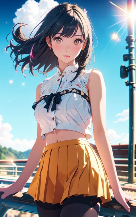 Front facing, facing this way、
Gal&#39;s more beautiful smile、
More cute casual summer outfits、Cute mini skirt、
More beautiful thighore beautiful colorful pantyhose、
Beautiful dark clouds, (Cowboy Shot:1.4), Beautiful and realistic, 
Beautiful masterpiece,...