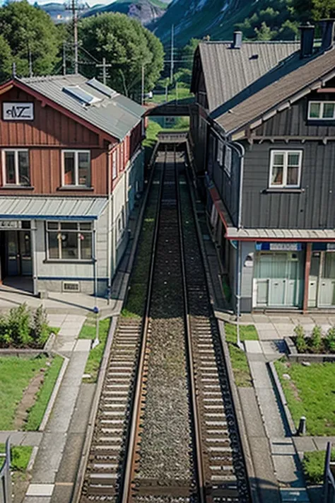 railway station in norway, single track, terminus tall, isometric, summer, close to buildings, street