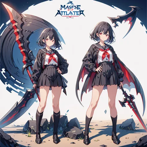 (masterpiece, Highest quality), (perfect athletic body:1.2), (Thin Hair), Very detailed, Anime Style, whole body, alone, Vampire Hunter, Black Sailor Suit, big grim reaper scythe,  Black Hair, High Boots, Standing in the Wilderness,Navy blue knee socks,Bla...