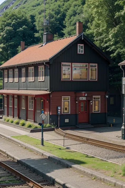 red railway station in norway, single track, terminus tall, isometric, summer, close to buildings, street, platform, train, norwegian