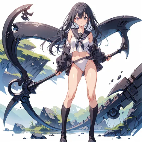 (masterpiece, Highest quality), (perfect athletic body:1.2), (Thin Hair), Very detailed, Anime Style, whole body, alone, Vampire Hunter, Black Sailor Suit, big grim reaper scythe,  Black Hair, High Boots, Standing in the Wilderness,Navy blue knee socks,Bla...