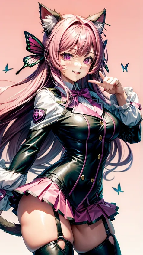 Magenta hair, brown eyes, older woman, long thick hair, hair bows, happy face, cat ears, sexy uniform outfit, butterflies, pink and green background 