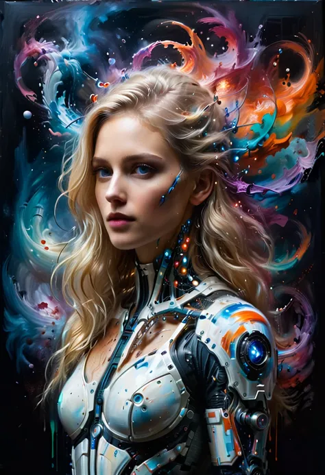 The easel, the paints, the artist, standing Full-length, cyborg woman drawing self-portrait in oil paints, blonde hair, (Best quality, 4K, 8k, A high resolution, masterpiece:1.2), absurdity, masterpiece, ultra detailed, Side view:1.2, (realistic, photoreal...