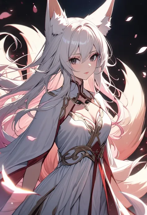 
female, nine-tailed female, female fox, nine-tailed fox, fox ears, white hair, pink hair, long hair, black eyes, pretty, beautiful, beautiful color, mature, dress, flying petals, super detail, beautiful color,peerless beauty, deep chin, small eyes