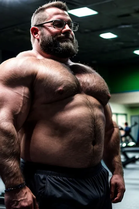 An award-winning original photo, 8k, A bear man, chubby, (40 years old daddy:1.1), 1boy, Solo, (black suit), (shirtless), black trouser, (big shoulders), thick neck, burly, (musclebear), (thick hairy body:1), thick beard, Short beard, (Detailed body), wear...