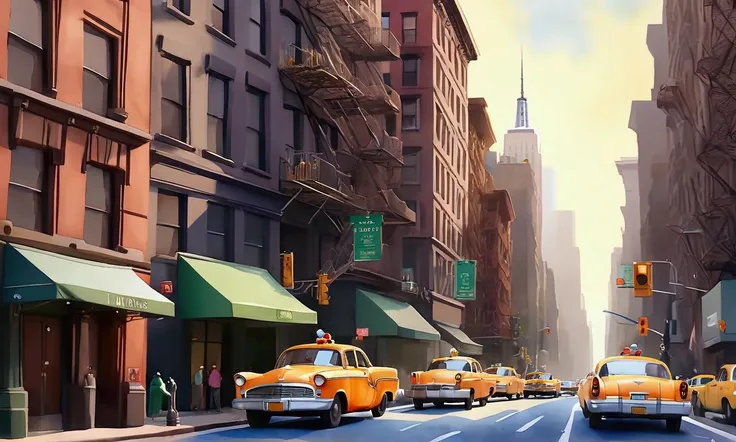 concept art , (( new York city )) street view , (studio pixar style ) (((watercolor over textured paper)))