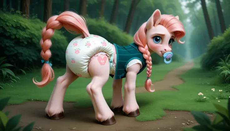 pony, бежевая земная pony, no horn, no wings, lush mane braided, bushy tail, stands on four hooves, rear hooves spread wide apart, dressed in a vest and booties, pacifier in mouth, solo, raised tail, thick diaper under clothes, pink blush on cheeks, Embarr...