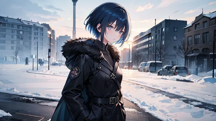 A girl with short blue hair wearing a black coat。The background is the battlefield of Berlin in 1945.。Wearing a German officer&#39;s cap。