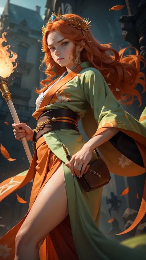 Young princess ((fighting monsters)), striking figure, long flowing ginger hair, wavy hairs, fair skin, (freckles), ((kolito)), innocent and regal appearance, expressive green eyes are filled with a mix of curiosity and determination, her slender frame, el...