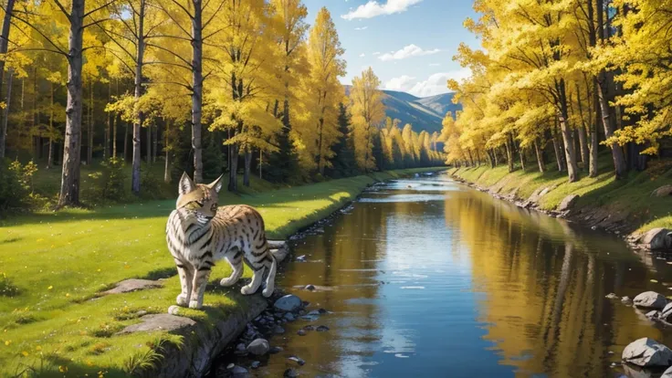 Northern lynx in Scandinavia landscape with rivers and yellow trees