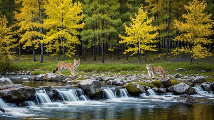 Northern lynx in Scandinavia landscape with rivers and yellow trees