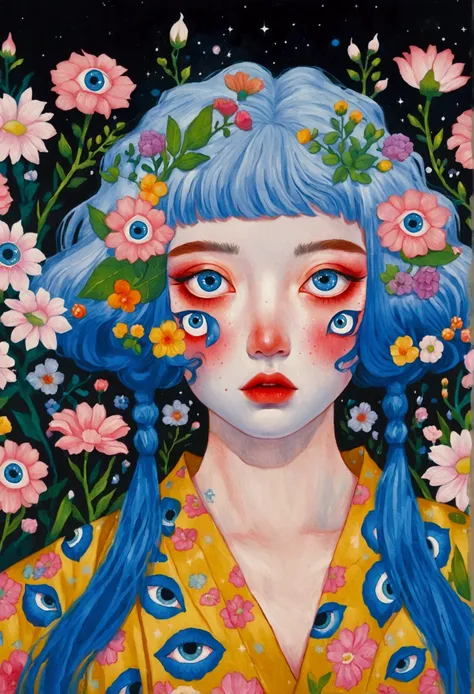 painting of a woman with blue hair and blue eyes surrounded by flowers, pop surrealism lowbrow art style, lowbrow pop surrealism...