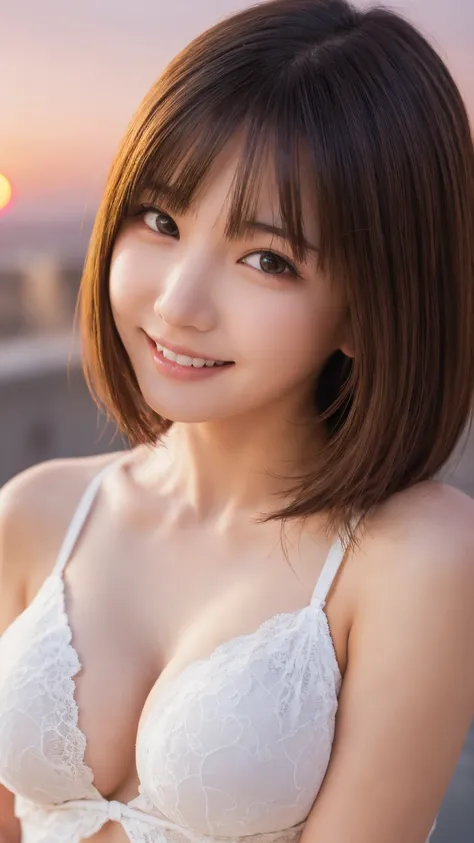 One Girl, (beautiful girl, Delicate girl:1.3), (16 years old:1.3),
break, (Sunset sky　background:1.2),
break, Embarrassed laugh, Very beautiful eyes, (Symmetrical eyes:1.3),
break, (Big Breasts:1.3), Tight enamel bodysuit, Brown eyes, Parted bangs, Brown b...