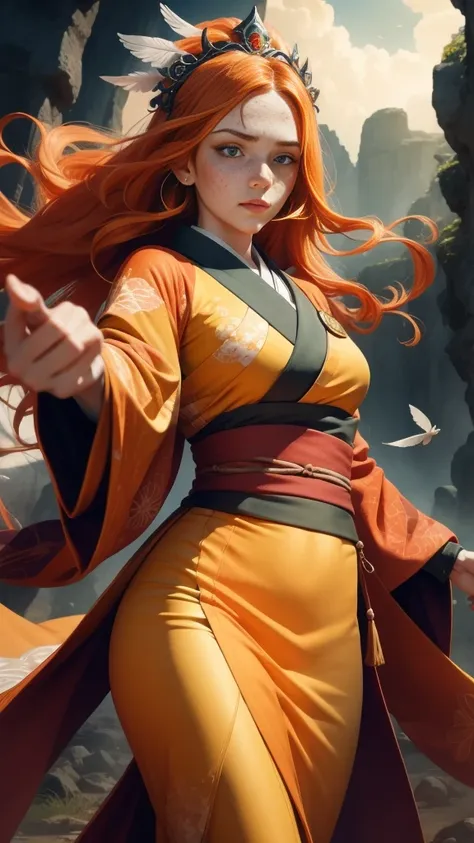 portrait, young princess ((fighting monsters)), striking figure, long flowing ginger hair, wavy hairs, fair skin, (freckles), ((...