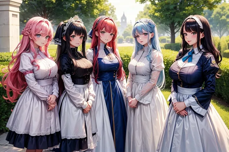 High detailed, 4 girls, different colored hairs, different hairstyles, busty, firm plump body, matching uniforms, matching physique, long dress, Juliet sleeves, posing together, group of 4 girls