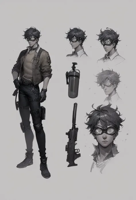 score_8_up, score_7_up, 1boy, solo, portrait of a man with sunken eyes and black messy hair with goggles wearing an oil stained black long-sleeved knitted sweater decorated by straps and an armpit holster under a bomber jacket, also wearing a pair or robot...