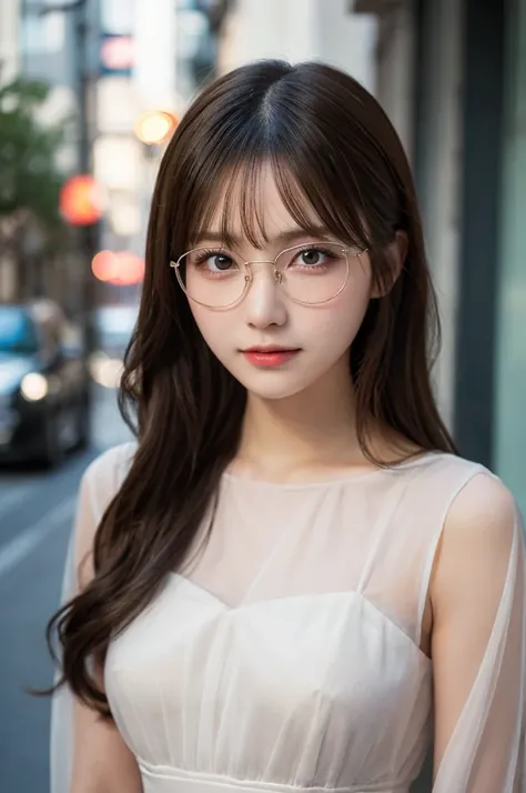 ulzzang -6500-v1.1, (Raw photo:1.2), (Photorealsitic), (See-through:1.3), (Real:1.4), １Girl in glasses、22year old、game_nffsw,  Round glasses(eye detailed), Smile of shame、(elegant long dress:1.3),  (Ultra-realistic pantyhose:1.2),  Turn around at the party...