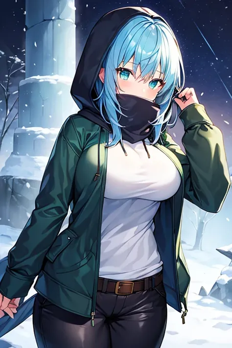 1girl, blue hair, medium hair, large breasts, breasts, green eyes, scarf, covered mouth, jacket, forest, snow, black jacket, hoddie, hooded jacket, hood on, hood up, zipper, gloves, glowing hair, glowing eyes, light blue hair, sky blue hair, night sky, sky...