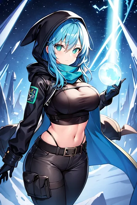 1girl, blue hair, medium hair, large breasts, breasts, green eyes, scarf, covered mouth, jacket, forest, snow, black jacket, hoddie, hooded jacket, hood on, hood up, zipper, gloves, glowing hair, glowing eyes, light blue hair, sky blue hair, night sky, sky...