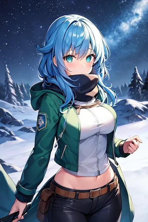 1girl, blue hair, medium hair, large breasts, breasts, green eyes, scarf, covered mouth, jacket, forest, snow, black jacket, hoddie, hooded jacket, hood on, hood up, zipper, gloves, glowing hair, glowing eyes, light blue hair, sky blue hair, night sky, sky...