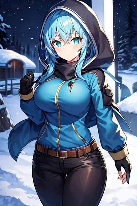 1girl, blue hair, medium hair, large breasts, breasts, green eyes, scarf, covered mouth, jacket, forest, snow, black jacket, hoddie, hooded jacket, hood on, hood up, zipper, gloves, glowing hair, glowing eyes, light blue hair, sky blue hair, night sky, sky...