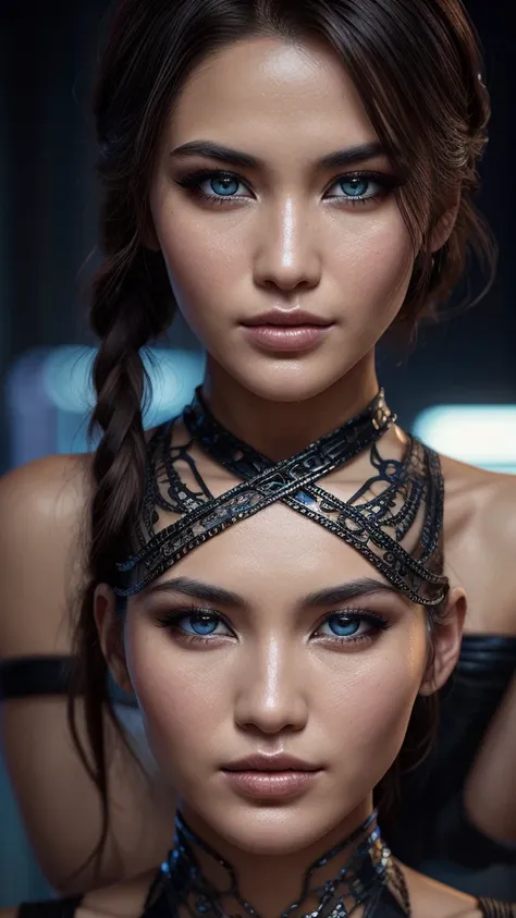 a beautiful christina chong beautiful face, narrowed eyes. smirk. black braided hair with narrowed eyes, a smirk, and black brai...