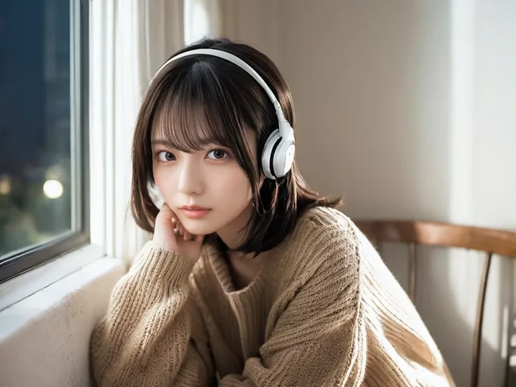 a detailed anime girl, wearing a large sweater, wearing headband headphones, lofi, tranquil, quiet vibes, chilling, in her bedro...