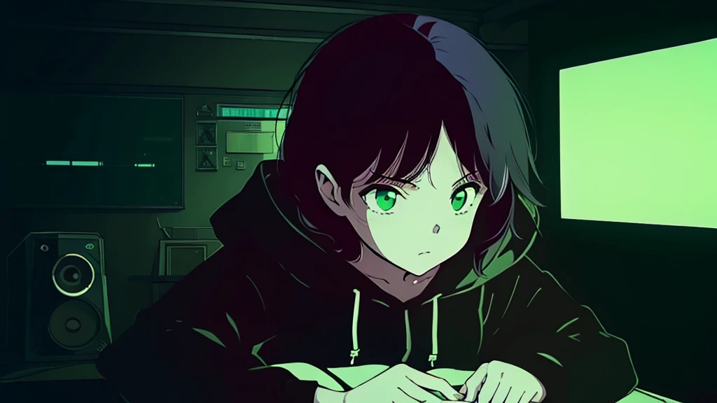 (low contrast), (lofi), (1 girl, black hoodie, black hair), (room with speakers, dim green lighting)