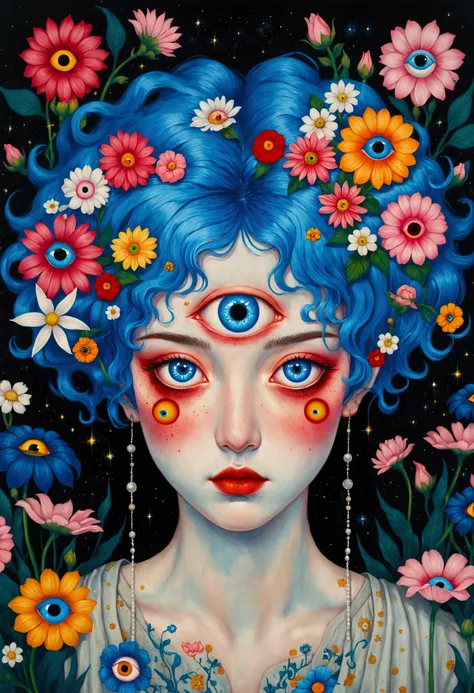 painting of a woman with blue hair and blue eyes surrounded by flowers, a surrealist painting by Nándor Katona, behance contest winner, pop surrealism, pop surrealism lowbrow art style, lowbrow pop surrealism, japanese pop surrealism, third - eye visions, ...