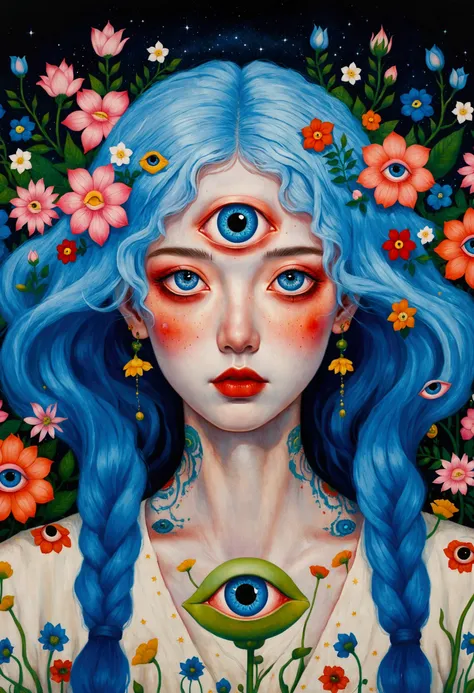 painting of a woman with blue hair and blue eyes surrounded by flowers, a surrealist painting by Nándor Katona, behance contest winner, pop surrealism, pop surrealism lowbrow art style, lowbrow pop surrealism, japanese pop surrealism, third - eye visions, ...