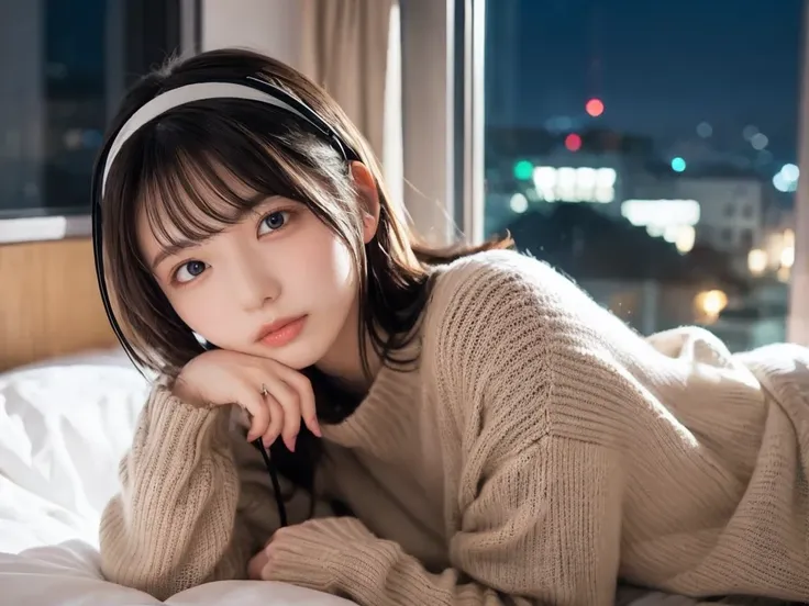 A detailed anime girl, wearing a large sweater, wearing headband headphones, lofi, tranquil, quiet vibes, chilling, in her bedroom looking at the window, night, quiet night, cat, masterpiece, best quality