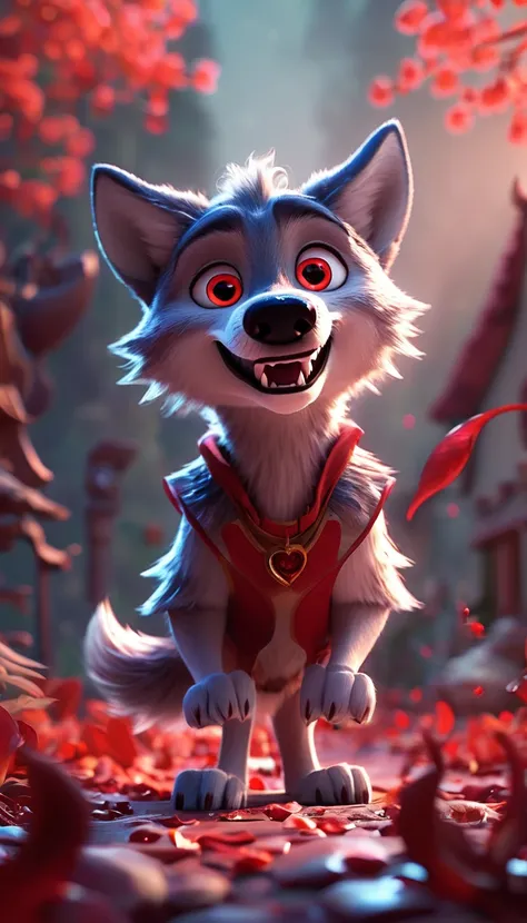 cute wolf, cartoon , arms, hands ,cute eyes, looking at viewer, wolf ears, blood moon