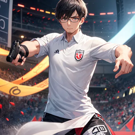 a man with short gray hair,glasses,wearing a white shirt with Türkiye written on it,holding a pistol in a shooting stance,serious expression,detailed illustration,sports setting,Olympic event,banners,photographers,vibrant,dynamic,focus,intensity