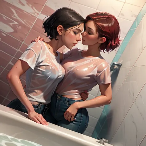 Two women (one woman is 60 years old and the other is 18 years old) in a bathroom looking at each other, lips touching, Wet shirt, Lesbians, Wet, Bottom angle, soaking Wet, under a shower, sapphic art, Cute girls, carnal ) Wet, Foto POV, darling wash in th...