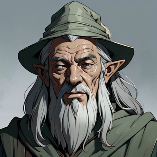 (masterpiece), (best quality),(portrait),(bust up),1boy,solo,(sharp focus),(look at viewer),Gandalf, oldman,wizard,ancient long clothes,(simple background),gray background,old school fantasy art,green outfit,light from front,close your eyes,elf