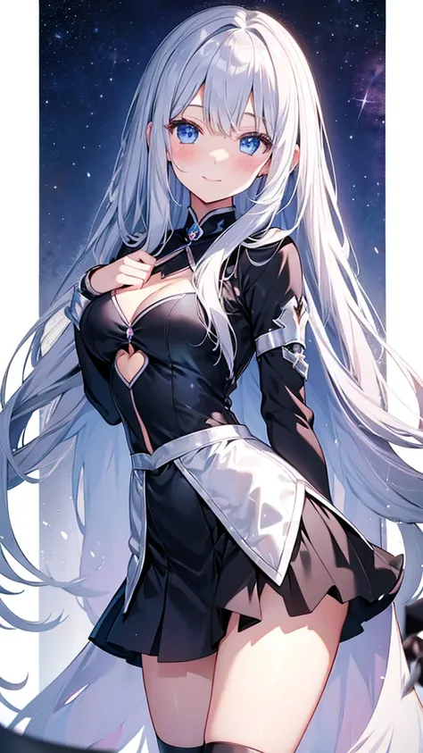 Magical girl　Black costume　mini skirt　Silver long hair　Blue Eyes　Great style　blush　A gentle smile