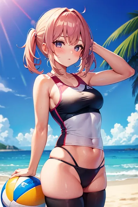 A girl wearing a beach volleyball outfit, blush, looking ahead at viewer 