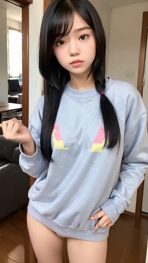 Indonesian girl 18-year-old  Hairstyle Casual, F Cup Breasts  wearing sweatshirt and no pants at house