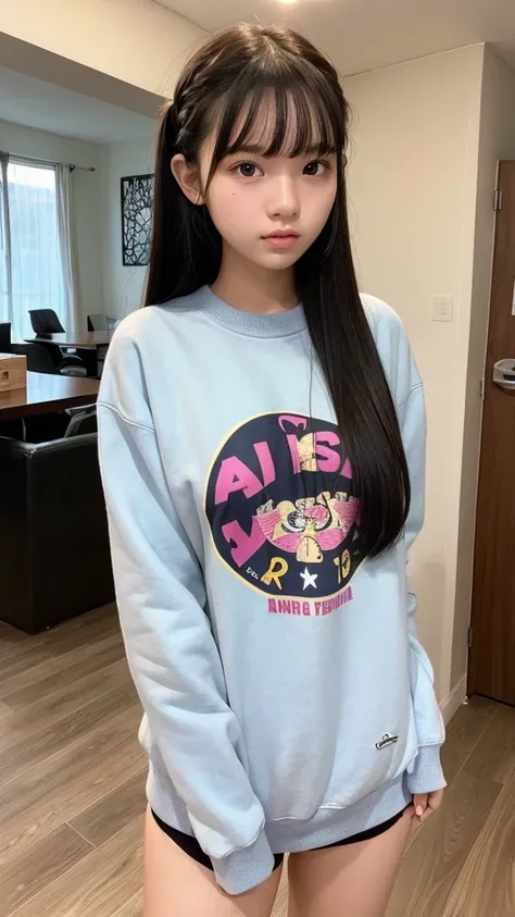 Indonesian girl 18-year-old  Hairstyle Casual, F Cup Breasts  wearing sweatshirt and no pants at house