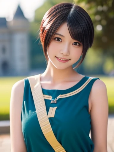 20 year old Japanese beauty，Slim and cute、Bulge of lateral breasts、Slit eyes、A head-to-toe view，Bust is very very large、The background is a European castle、High quality photos、Clear, crisp images of the lower body、Masterpiece 8k、Smiling、I have a mushroom i...