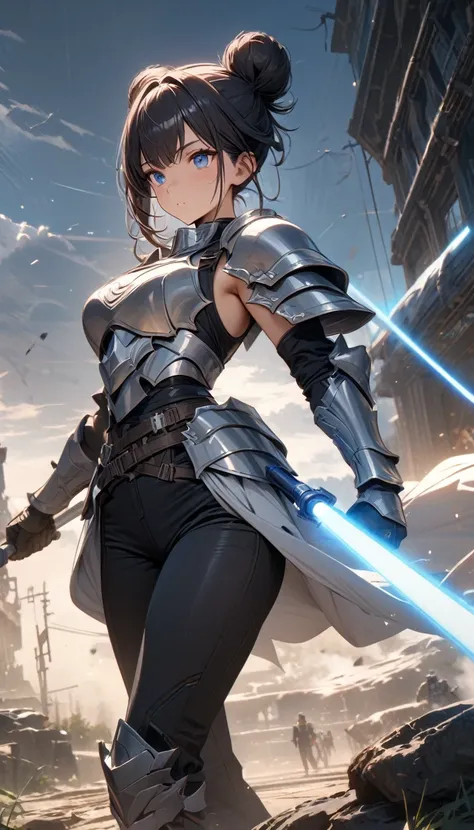 Adult girl, black hair in a bun, tanned skin, blue eyes, zabrack horns, white shirt, gray armored collar, armored shoulders, sleeveless, armored belt, black tight pants, blue lightsaber,  Masterpiece, best quality, Full HD, 8k, ultra details, great graphic