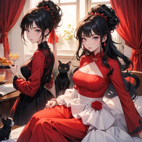 Big Breasts、Cool Girl、Black Hair、High ponytail hairstyle、red clothes、Dress freely、Cat Ear Pose、evening、super high quality