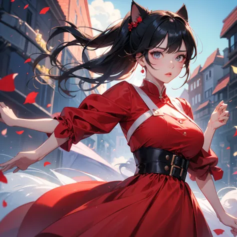 Big Breasts、Cool Girl、Black Hair、High ponytail hairstyle、red clothes、Dress freely、Cat Ear Pose、evening、super high quality