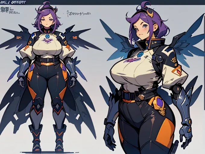 Close-up of a plump woman in a mecha bodysuit, ((character concept art)), ((character design sheet, same character, front, side, back)) character art of maple story, video game character design, video game character design, maple story plump girl, girl wea...