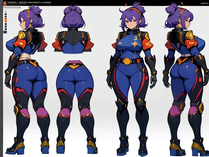 Close-up of a plump woman in a mecha bodysuit, ((character concept art)), ((character design sheet, same character, front, side, back)) character art of maple story, video game character design, video game character design, maple story plump girl, girl wea...