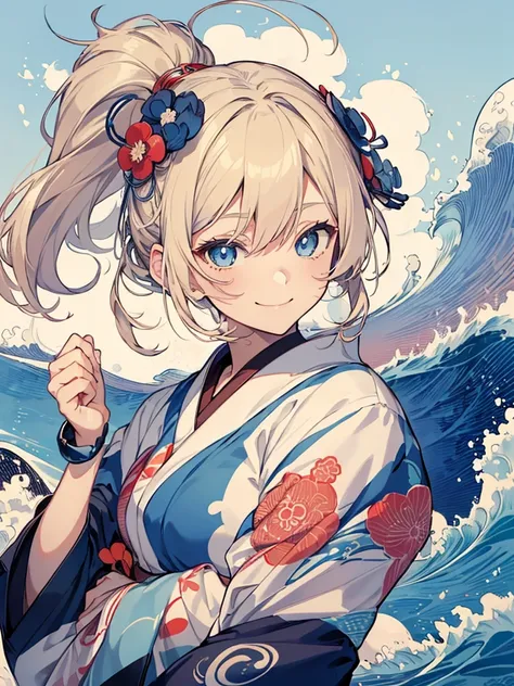 japanese style t-shirt design, hokusai wave, hokusai stil, with modern anime elements,((beautiful blue eyes)) blonde hair,ロング、髪を...