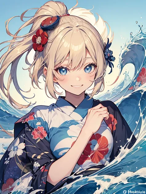 japanese style t-shirt design, hokusai wave, hokusai stil, with modern anime elements,((beautiful blue eyes)) blonde hair,ロング、髪を...